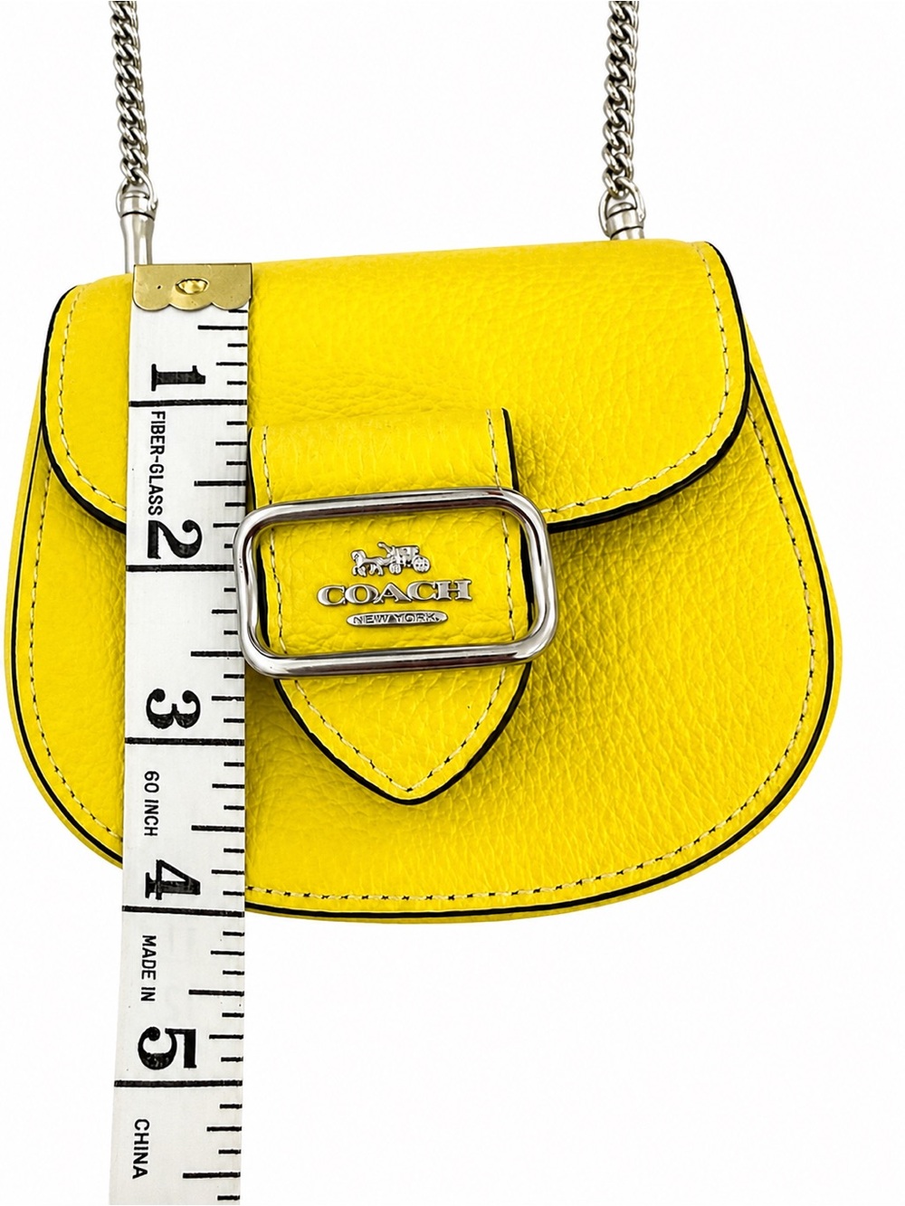 New- Coach Morgan Card Case On A Chain in Bright Yellow refined pebble leather - Picture 8 of 8